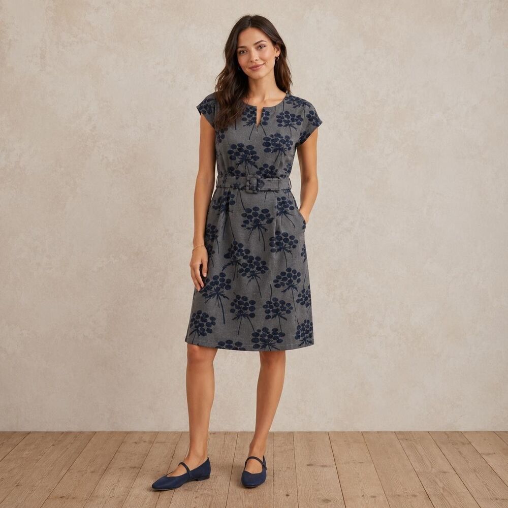 BODEN Women's Sheath Dress Belted Floral Print US6 Gray 100% Cotton WH380